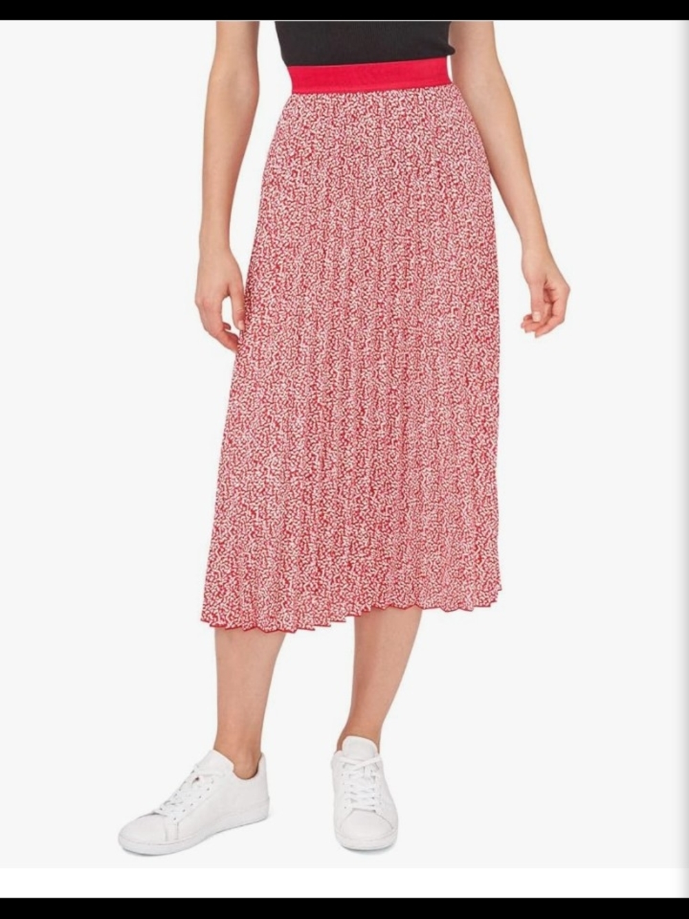NWT Vince Camuto Red Floral Pleated Midi Skirt with Contrast Waistband size L